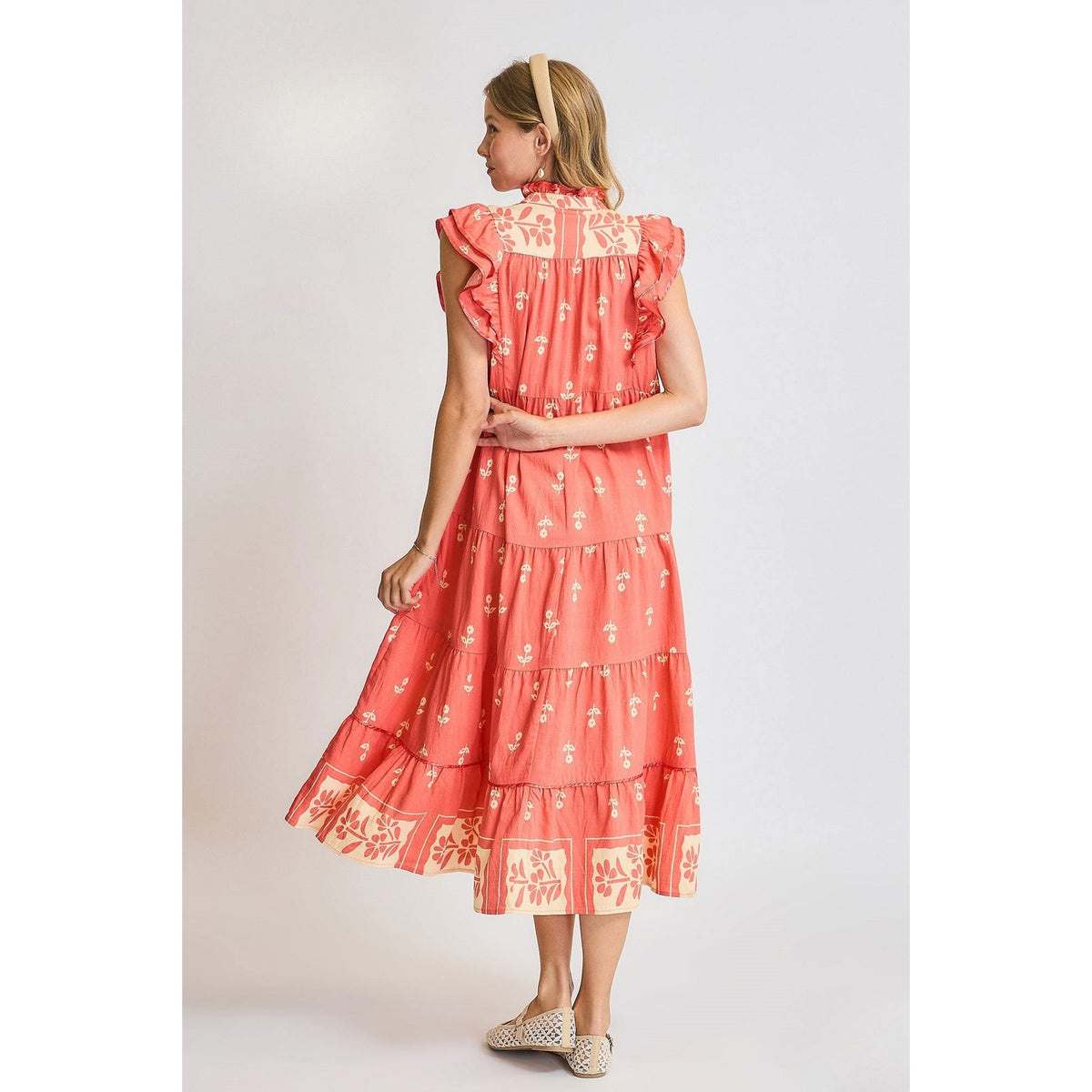 Umgee Juniper Coral Floral Tiered Boho Midi Dress - Mindy's Boutique