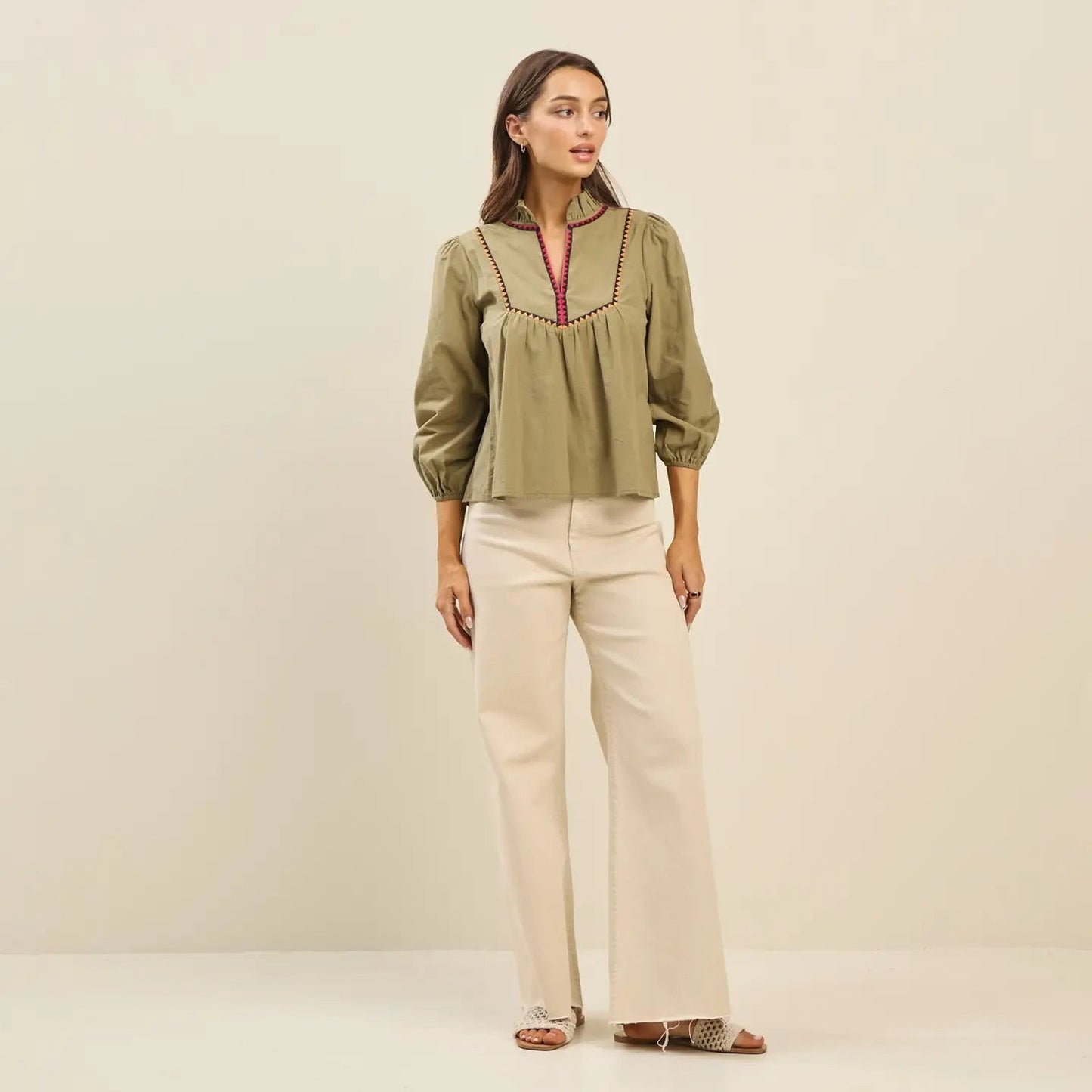 Bradley Top Able Olive Green Embroidered Cotton Blouse Medium Boho 3/4 Sleeve