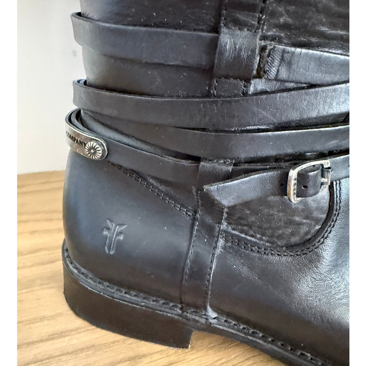 Frye Jane Strappy Black Leather Tall Riding Boots 8