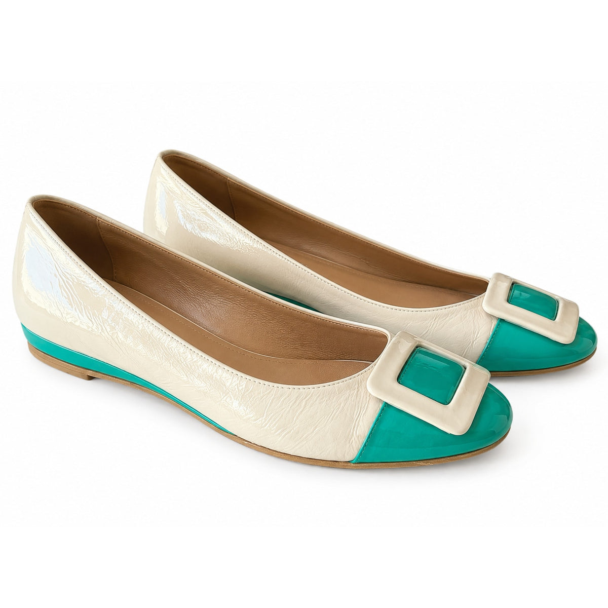 Sesto Meucci Made in Italy Patent Leather Colorblock Flats in Beige & Emerald 7M