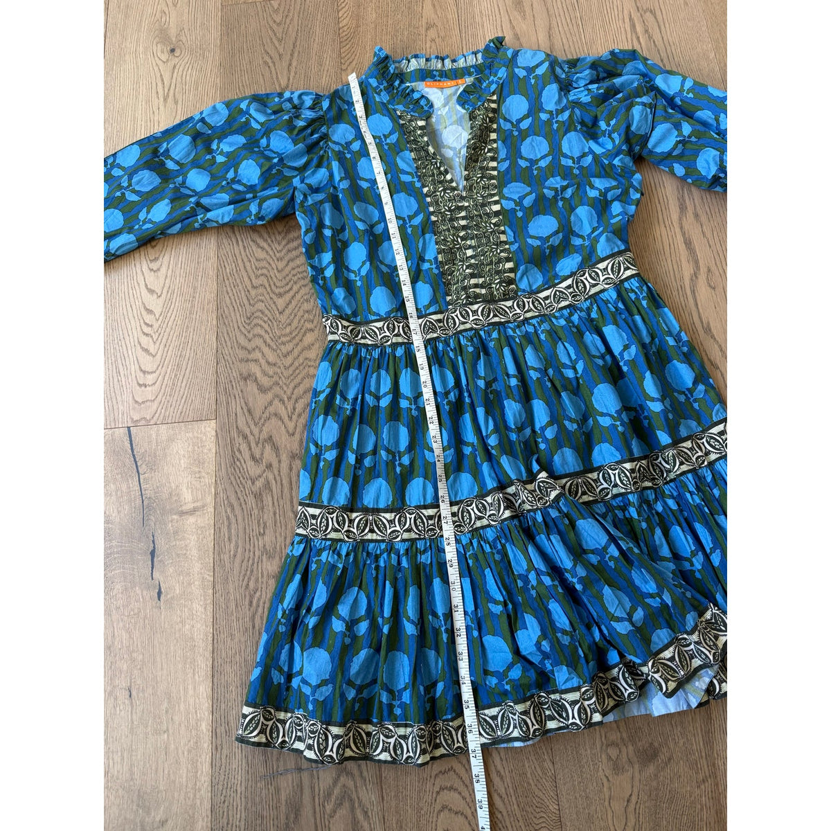 Oliphant Blue & Green Printed Tiered Mini Dress L