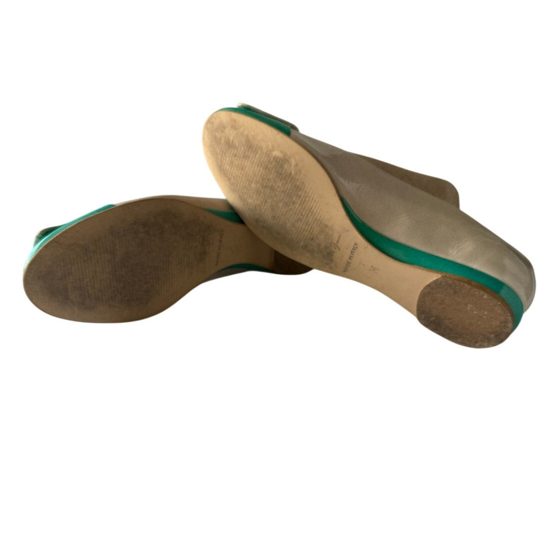 Sesto Meucci Made in Italy Patent Leather Colorblock Flats in Beige & Emerald 7M