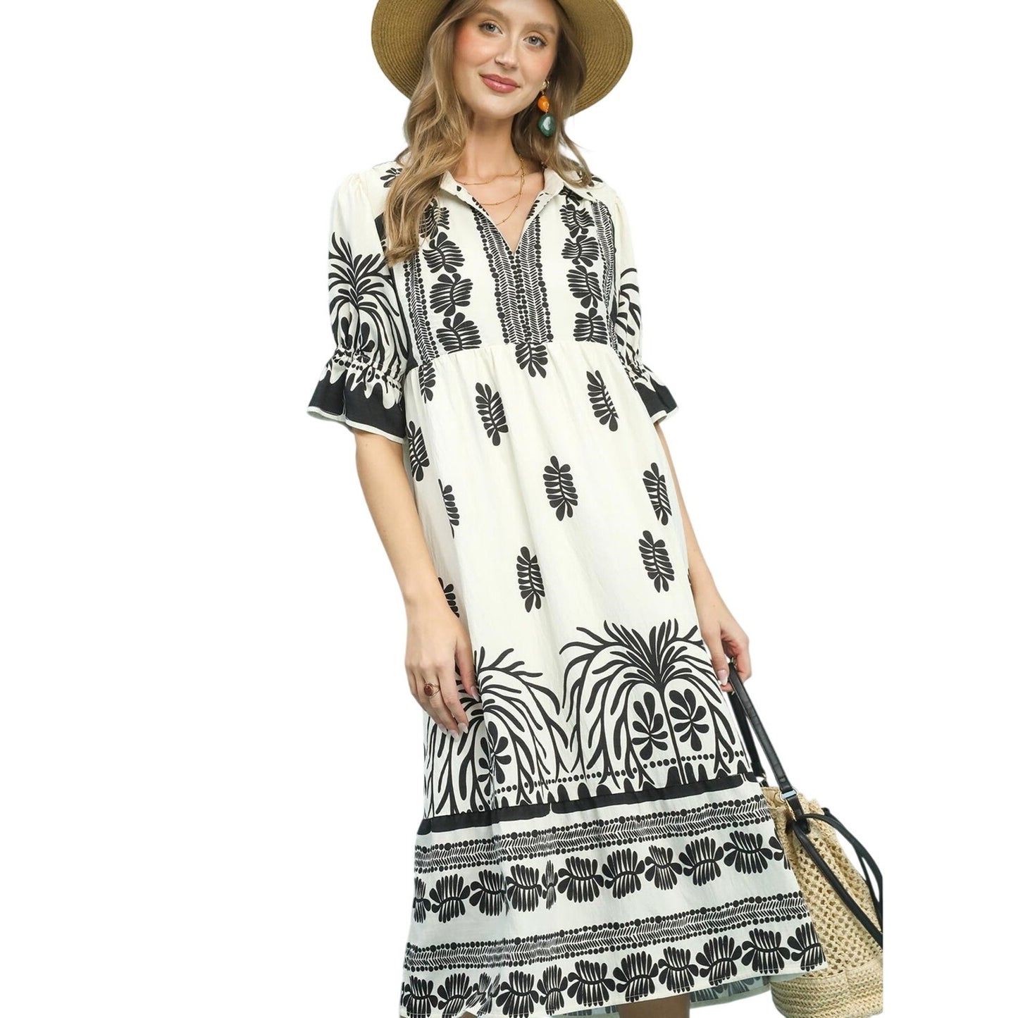Border Print Boho Midi Dress Puff Sleeves Split Neck Lined Cream Black M