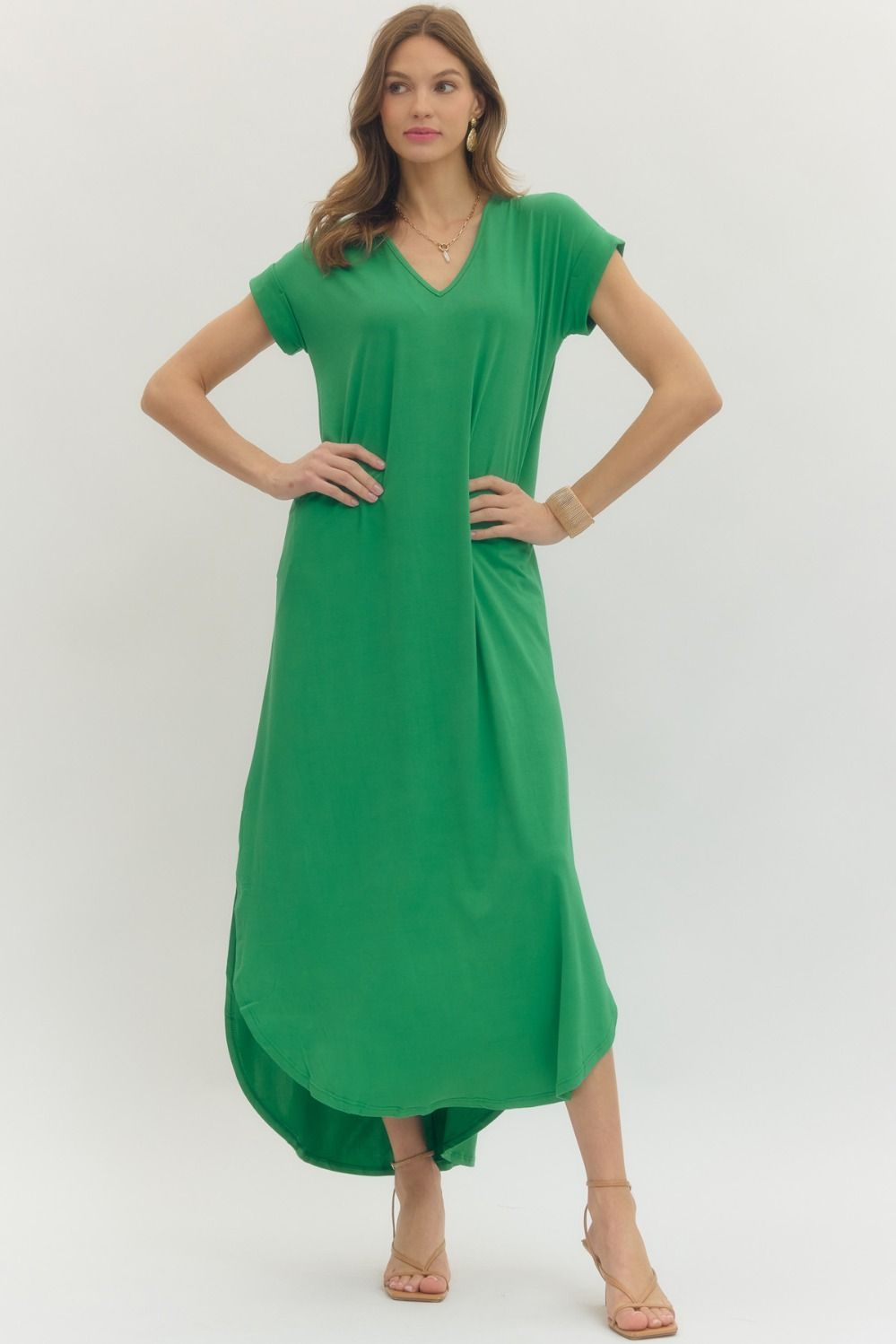 Kerry Entro V Neck Jersey Knit Maxi Dress With Pockets