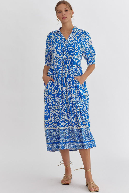 Elena Blue Paisley Collared Midi Dress with Pockets