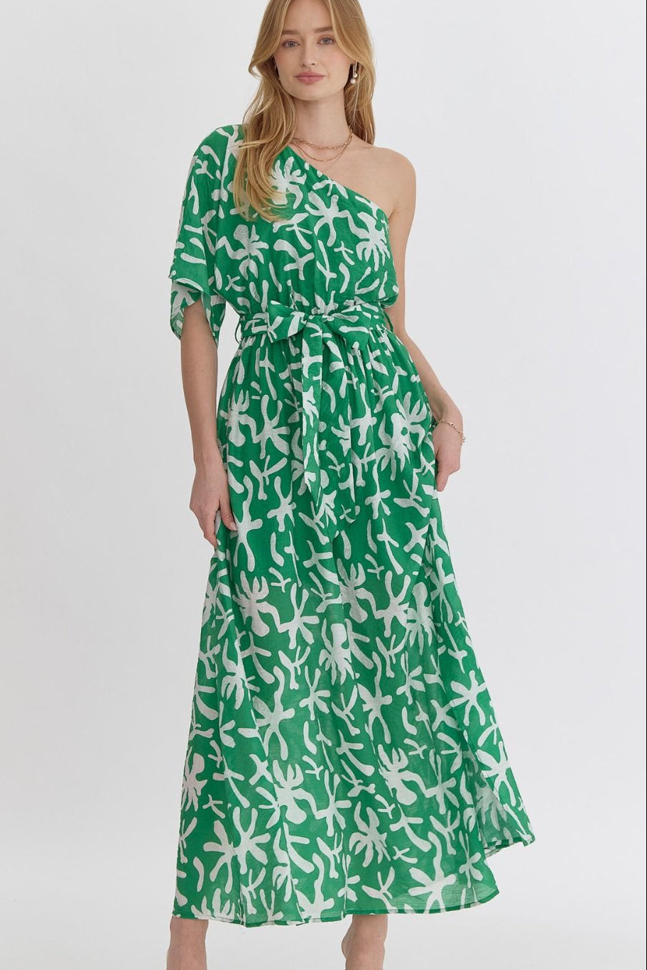 Entro Nina Green One-Shoulder Printed Midi Dress with Slit - Mindy's Boutique