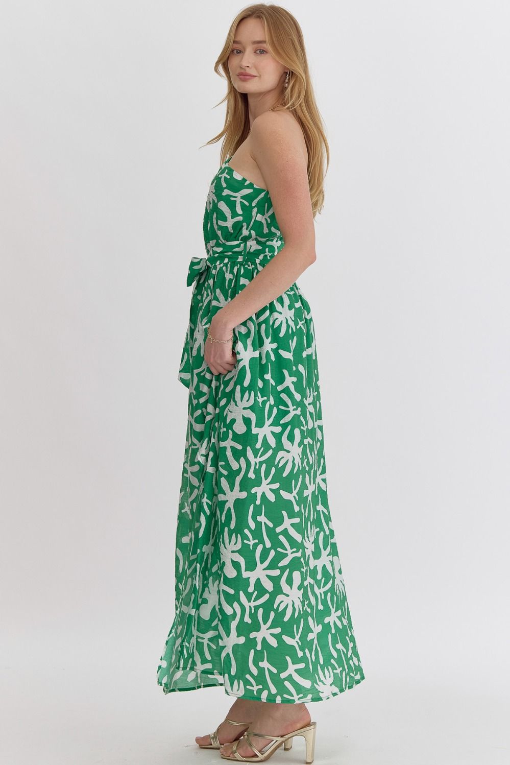 Entro Nina Green One-Shoulder Printed Midi Dress with Slit - Mindy's Boutique