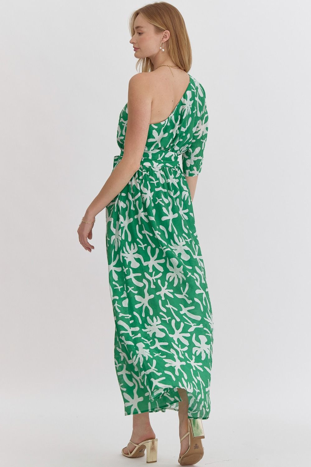 Entro Nina Green One-Shoulder Printed Midi Dress with Slit - Mindy's Boutique