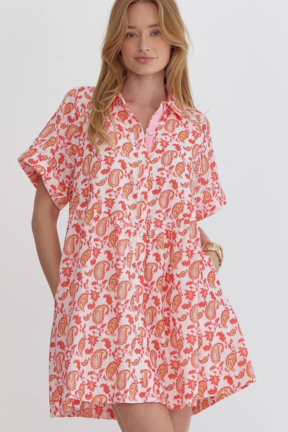 White Orange Paisley Button Front Mini Dress