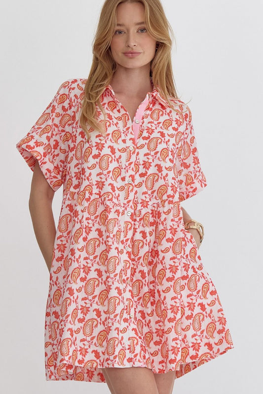 White Orange Paisley Button Front Mini Dress