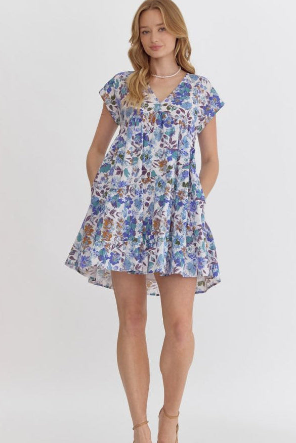 Lori Blue Floral V-Neck Mini Dress with Pockets – Entro Cotton