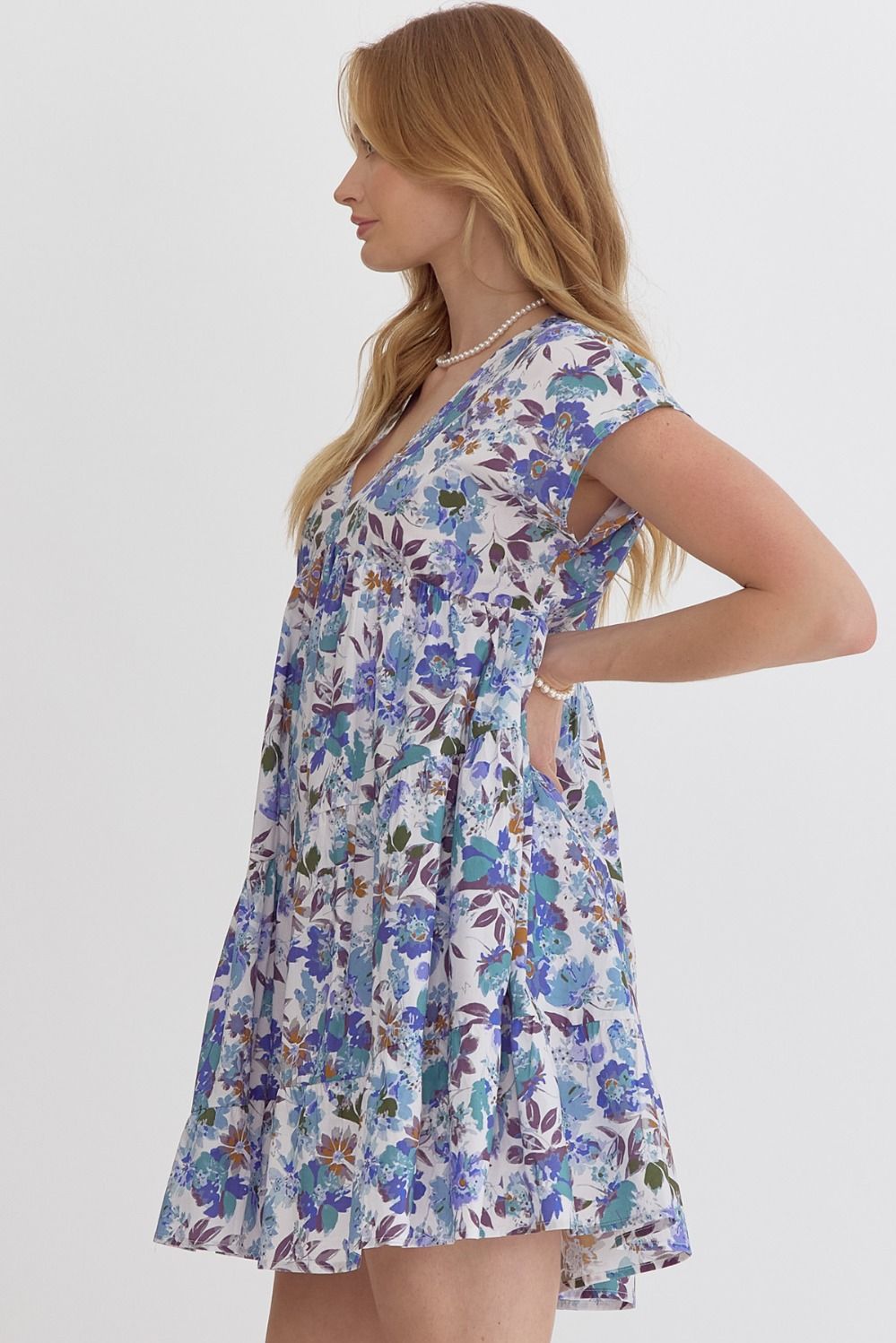 Lori Blue Floral V-Neck Mini Dress with Pockets – Entro Cotton - Mindy's Boutique