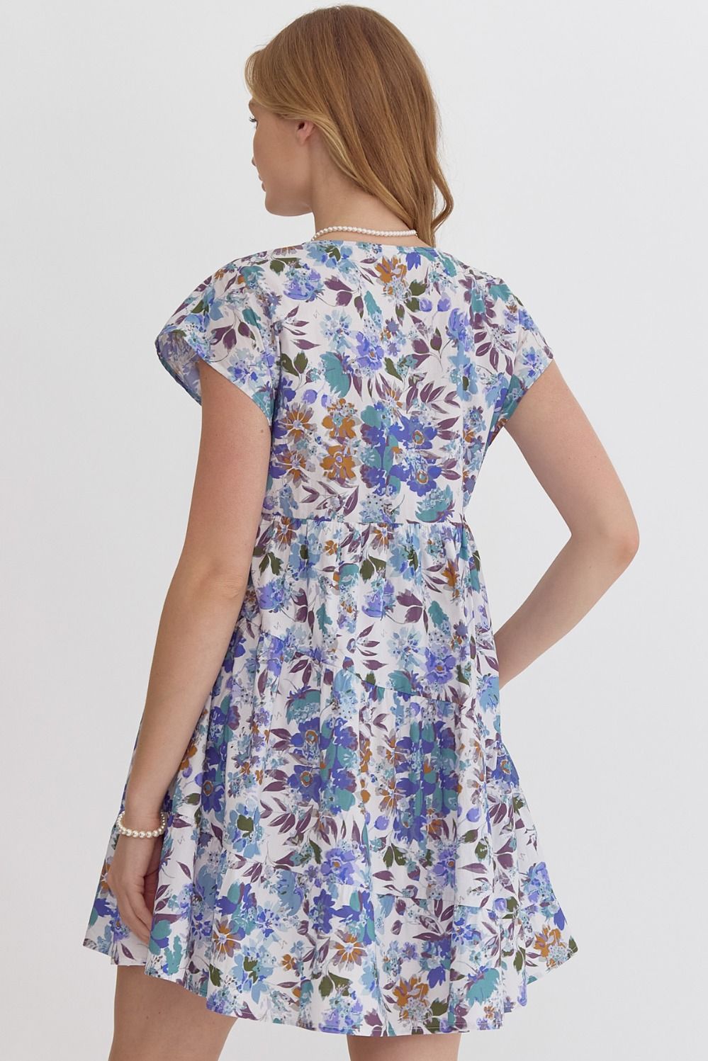 Lori Blue Floral V-Neck Mini Dress with Pockets – Entro Cotton - Mindy's Boutique