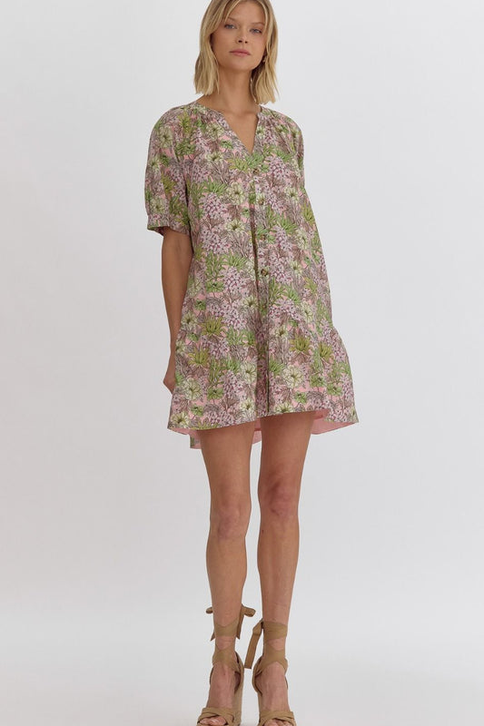Camilla Pink Green Floral Cotton Mini Dress with Pockets
