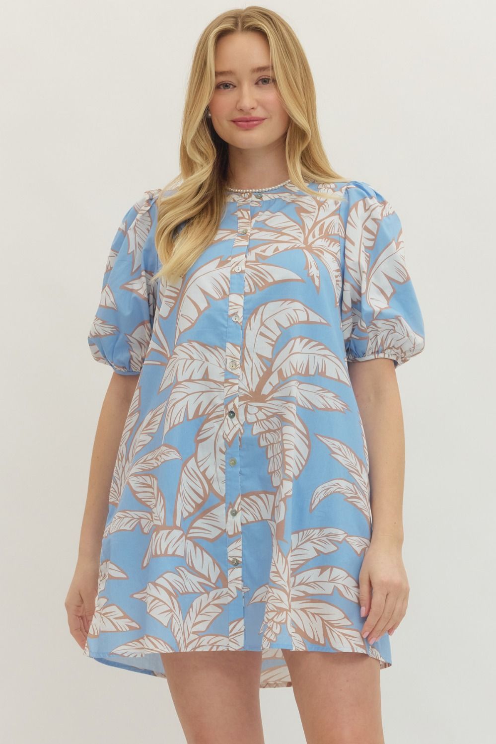 Calli Blue Tropical Palm Print Mini Dress 