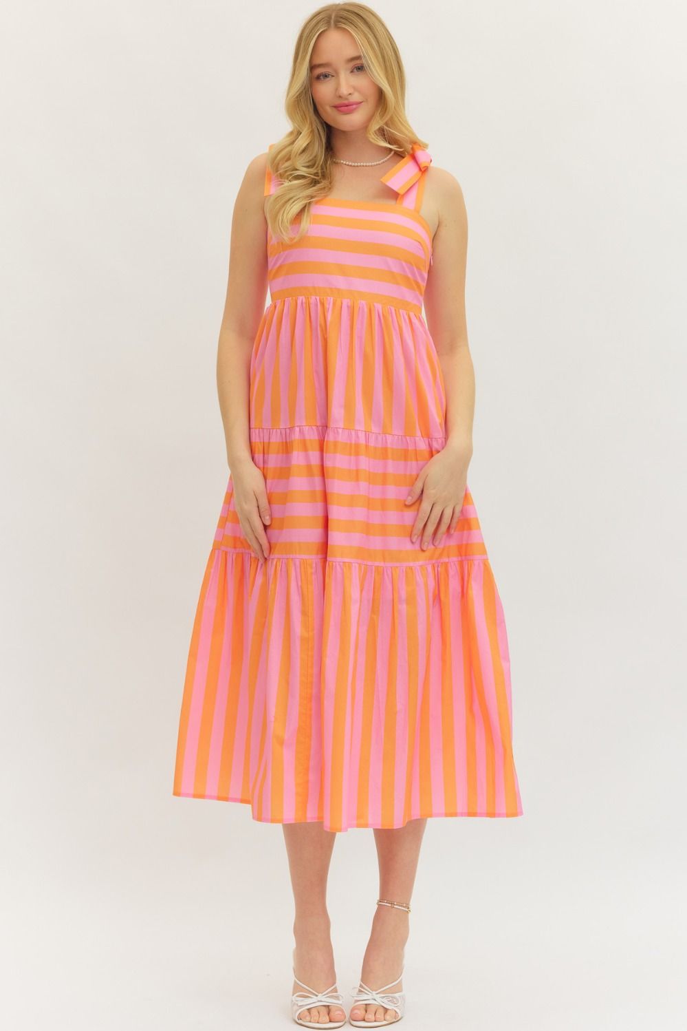 Sadie Orange Striped Bow Shoulder Straps Midi Dress 