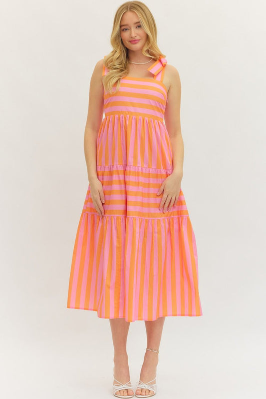Sadie Orange Striped Bow Shoulder Straps Midi Dress 