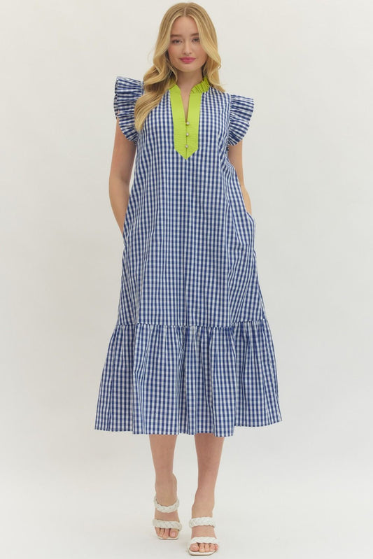 Matilda Blue Gingham Flutter Sleeve Dress