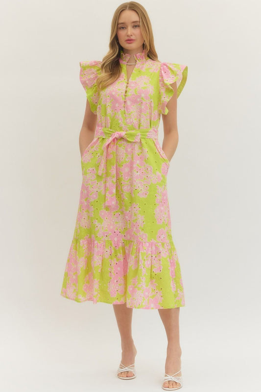 Kendra Apple Green Tie at Waist Midi Dress