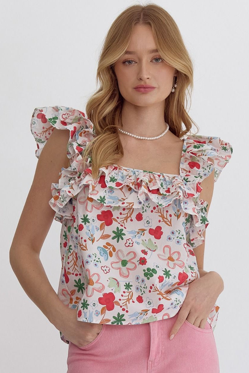 Ashton Floral Ruffle Sleeve Square Neck Cotton Top