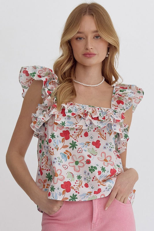 Ashton Floral Ruffle Sleeve Square Neck Cotton Top