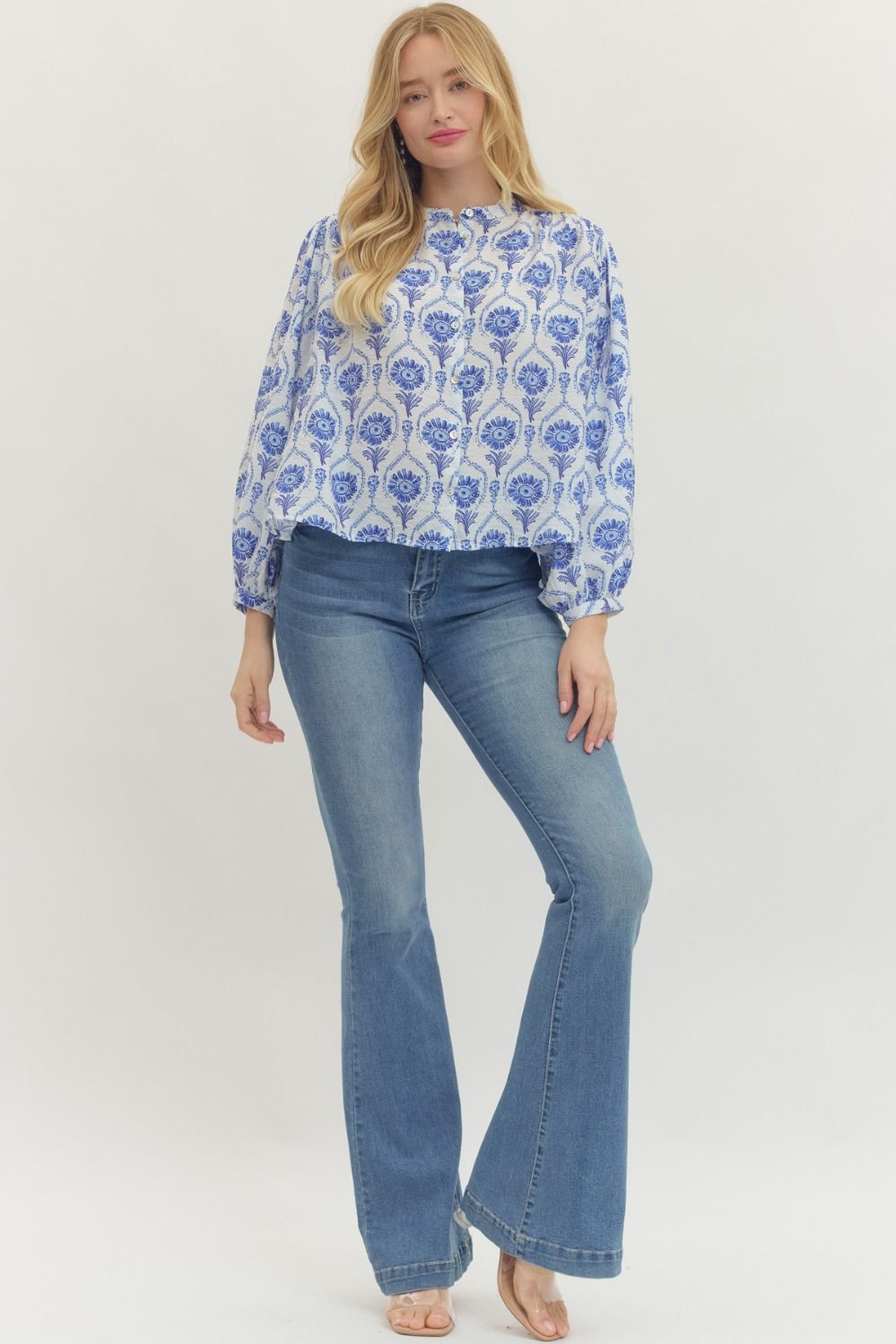 Mickie Blue V-Neck Long Sleeve Flowy Top