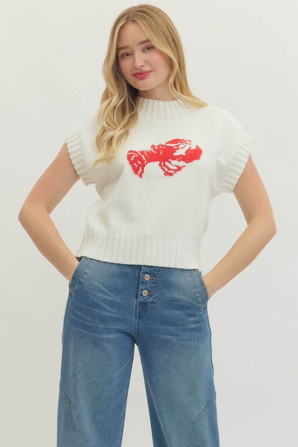 Alexis Red and White Lobster short sleeve Knit Top