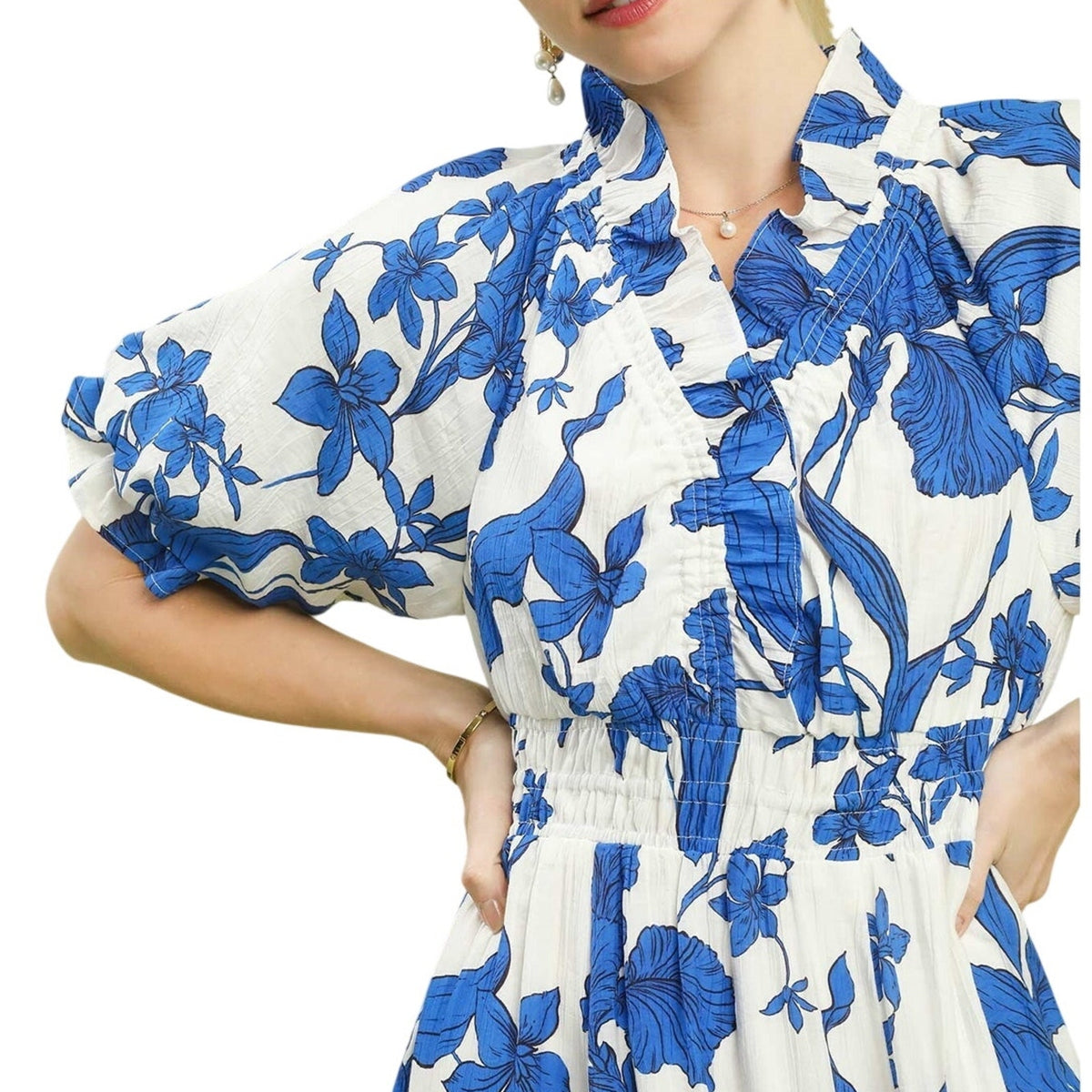 Stacey Dress Umgee Blue White Floral Smocked Midi V-Neck
