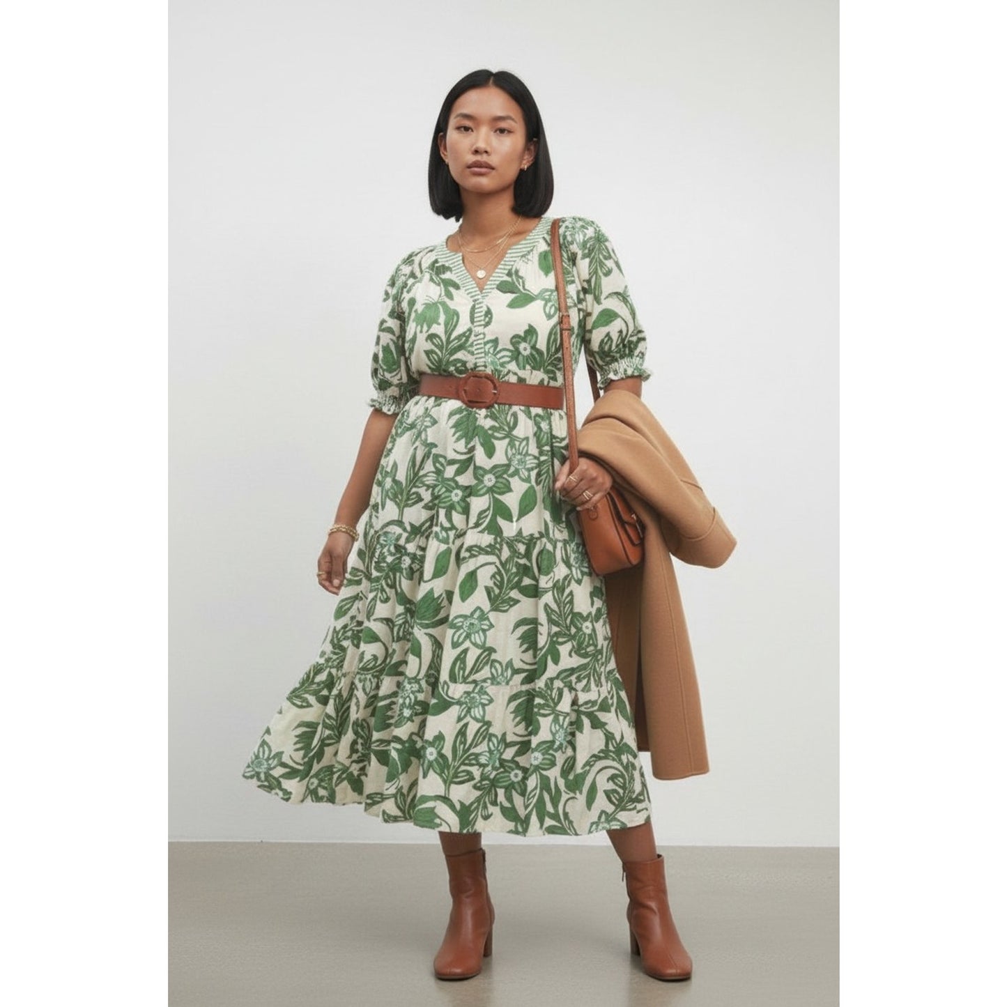 Botanical Leaf Print Tiered Midi Dress V-Neck Lined Green Cream Boho M