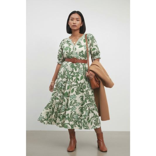 Joie Botanical Leaf Print Tiered Midi Dress V-Neck Lined Green Cream Boho - Mindy's Boutique