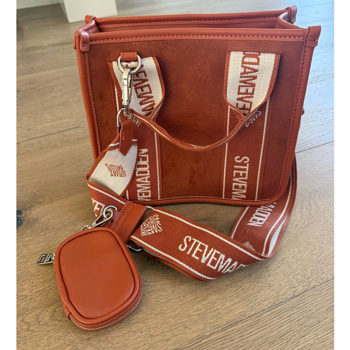Steve Madden Bmaddi Burnt Orange Suede Tote Bag with Webbing Strap