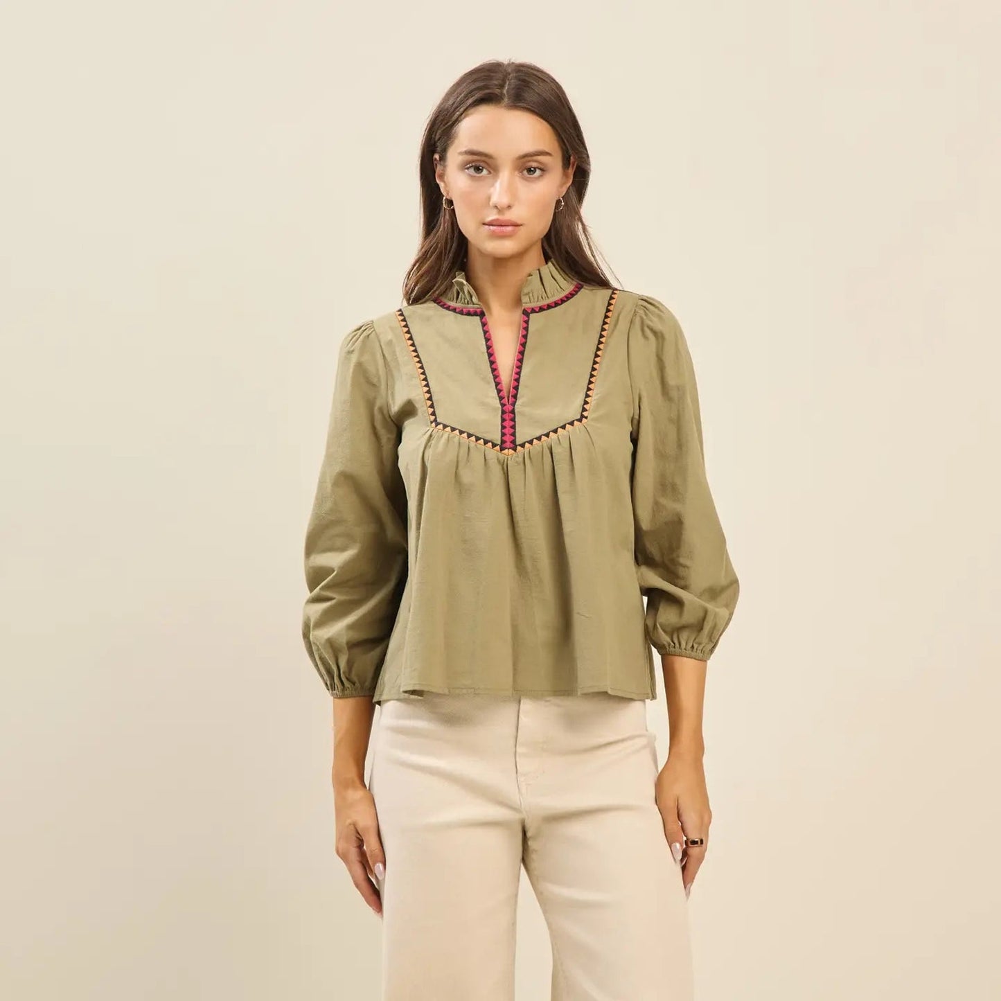 Bradley Top Able Olive Green Embroidered Cotton Blouse Medium Boho 3/4 Sleeve