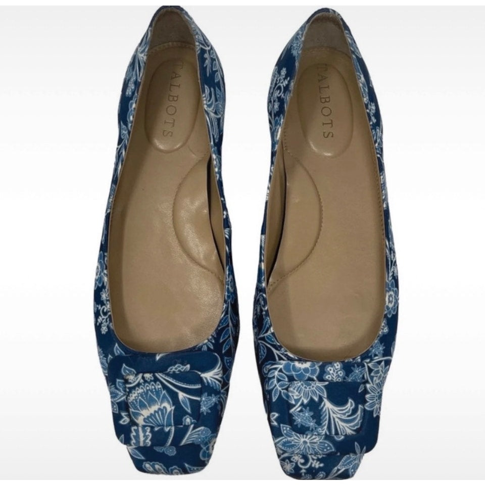 Talbots Blue Floral Fabric Ballet Flats with Buckle Detail 7M