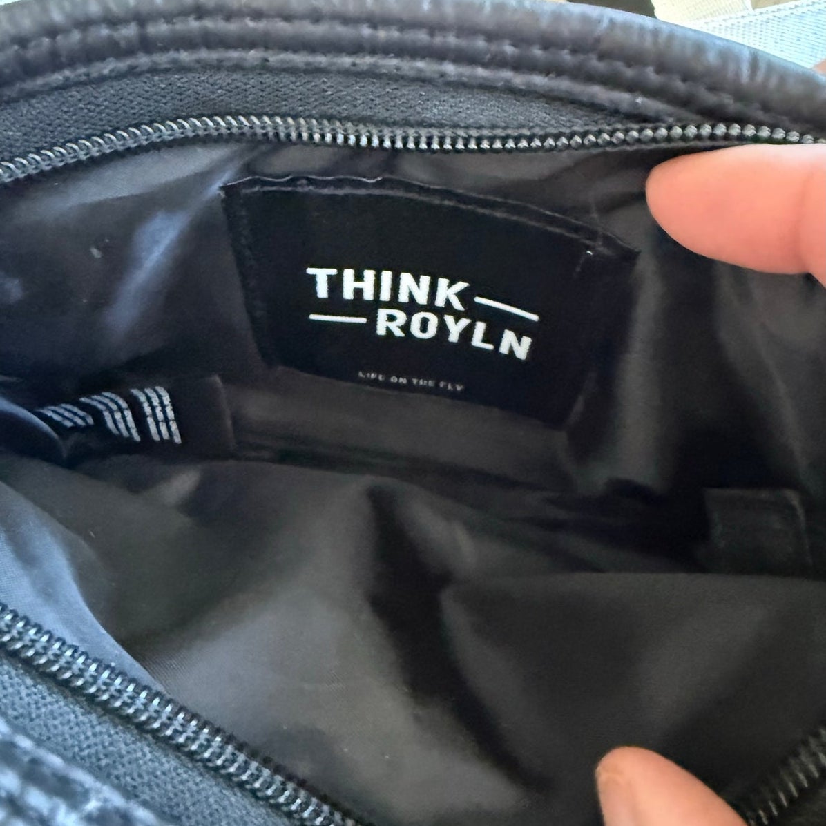 Think Royln Wingman Baguette Crossbody Bag - Black Puffer with Striped Strap