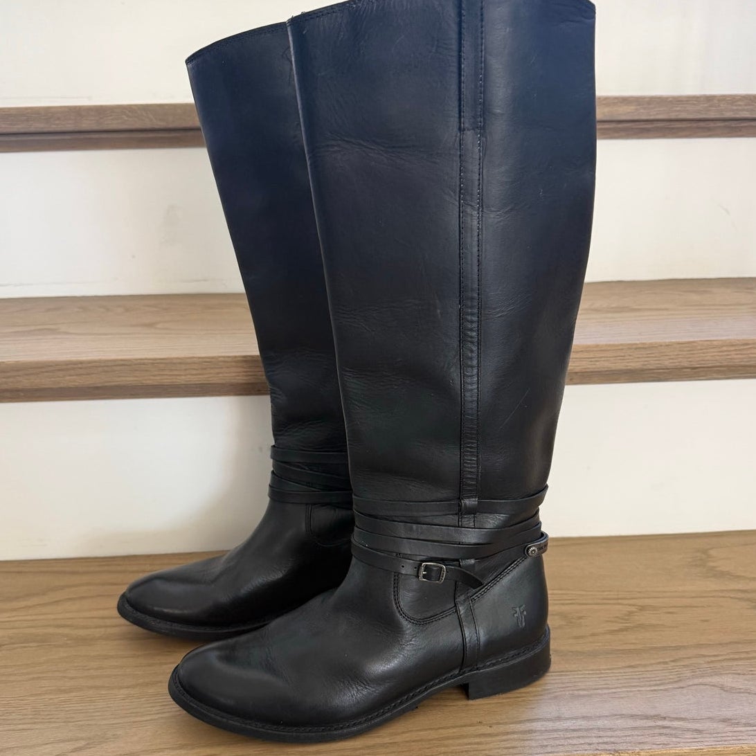 Frye Jane Strappy Black Leather Tall Riding Boots 8