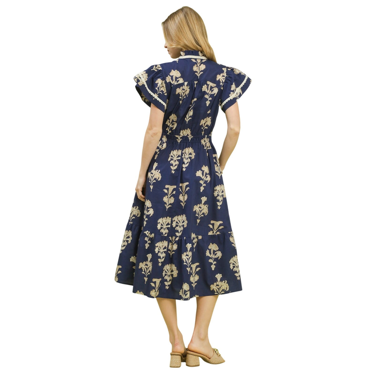 Leslie Dress Umgee Navy Floral Print Cotton Midi Dress Flutter Sleeve