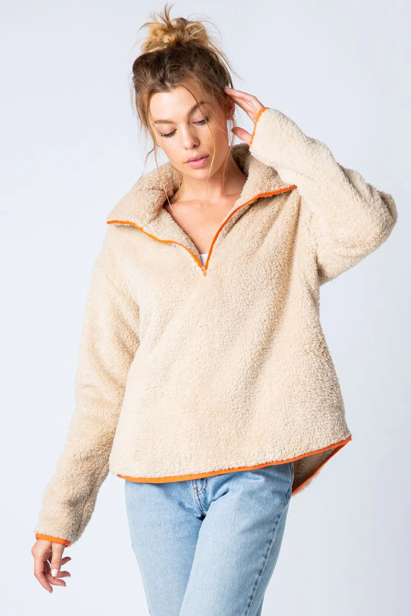 Fluffy fleece Half zipper Side pockets Hi-lo hem Sweatshirt - Mindy's Boutique
