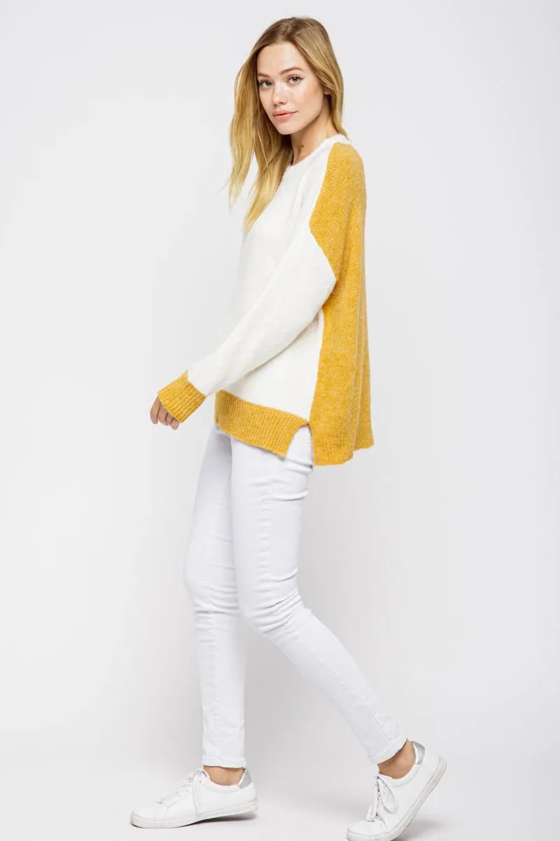Mustard Solid colorblock Round neck Relaxed fit Sweater - Mindy's Boutique