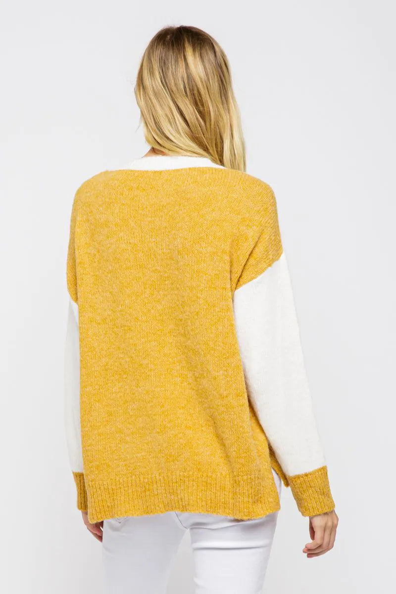 Mustard Solid colorblock Round neck Relaxed fit Sweater - Mindy's Boutique