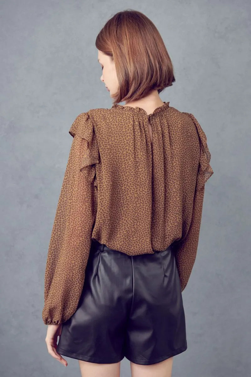 Pecan Shirred yoke floral long sleeve blouse - Mindy's Boutique