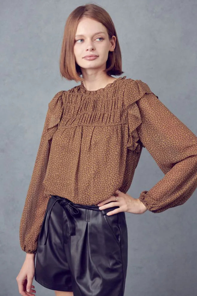 Pecan Shirred yoke floral long sleeve blouse - Mindy's Boutique