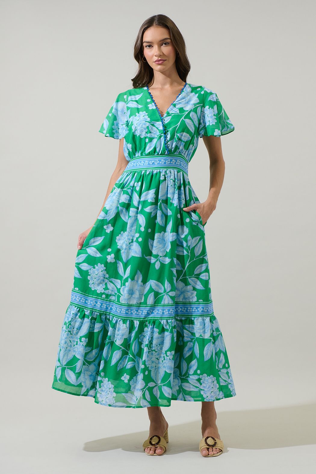 Verbena Green Floral Flutter Sleeve Maxi Dress