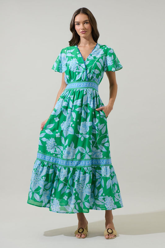 Verbena Green Floral Flutter Sleeve Maxi Dress