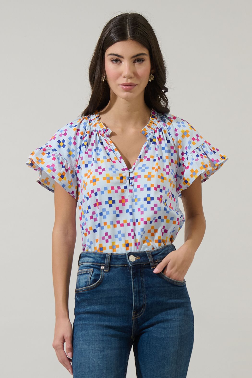 Kessa Blue Ruffle Sleeve Split Neck Top